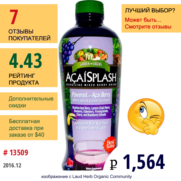 Garden Greens, Acaisplash Бодрящий Ягодный Напиток С Асаи, 946 Мл