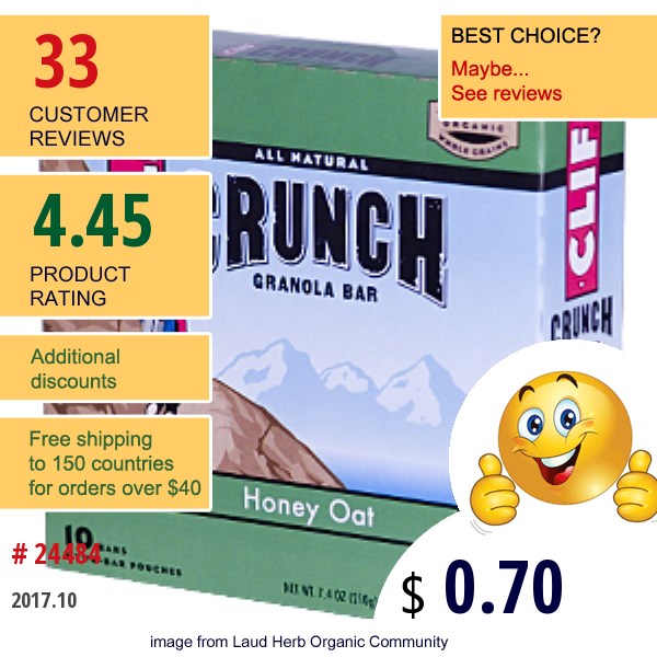 Clif Bar, Crunch Granola Bar, Honey Oat, 10 Bars (5 Two-Bar Pouches), 1.5 Oz (42 G) Each  