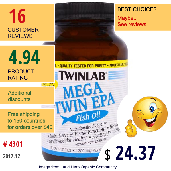 Twinlab, Mega Twin Epa Fish Oil, 1200 Mg, 60 Softgels