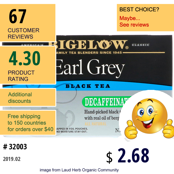 Bigelow, Earl Grey, Decaffeinated, Black Tea , 20 Tea Bags, 1.18 Oz (33 G)