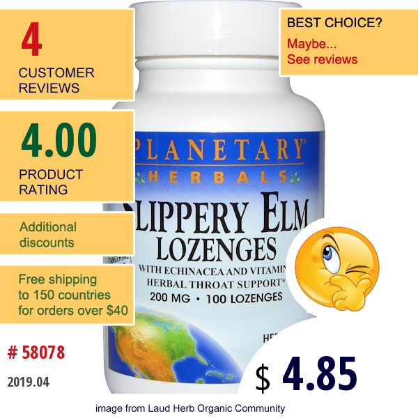 Planetary Herbals, Slippery Elm Lozenges, Tangerine Flavor, 200 Mg, 100 Lozenges  