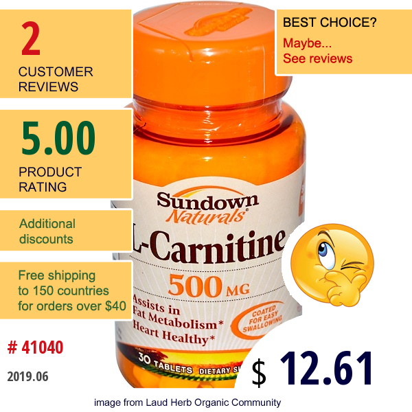 Sundown Naturals, L-Carnitine, 500 Mg, 30 Tablets  