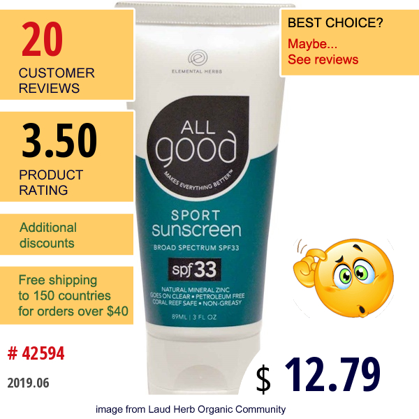 All Good Products, Sport Sunscreen, Spf 33, 3 Fl Oz (89 Ml)  