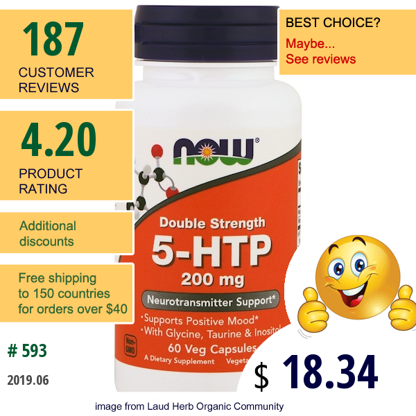 Now Foods, 5-Htp, Double Strength, 200 Mg, 60 Veg Capsules