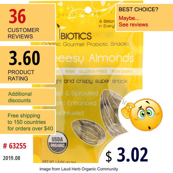 Sunbiotics, Organic Gourmet Probiotic Snacks, Cheesy Almonds, 1.5 Oz (42.5 G)