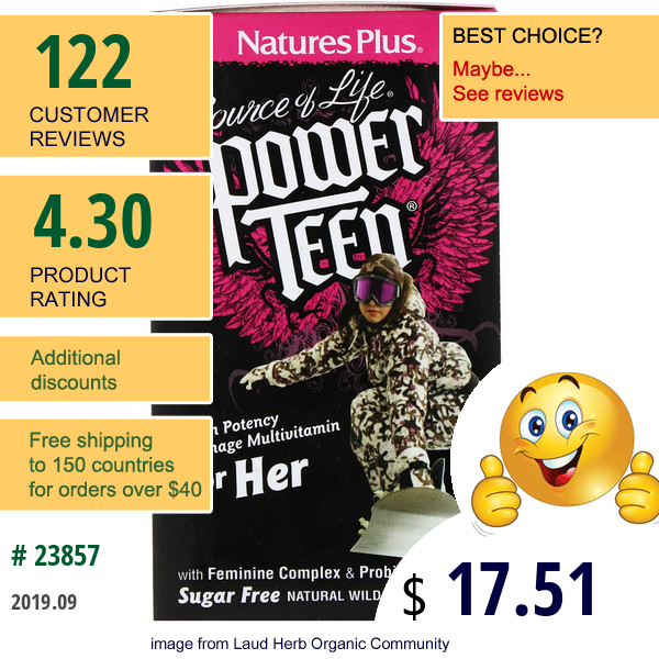 Nature'S Plus, Source Of Life, Power Teen, For Her, Sugar Free, Natural Wild Berry Flavor, 60 Chewable Tablets