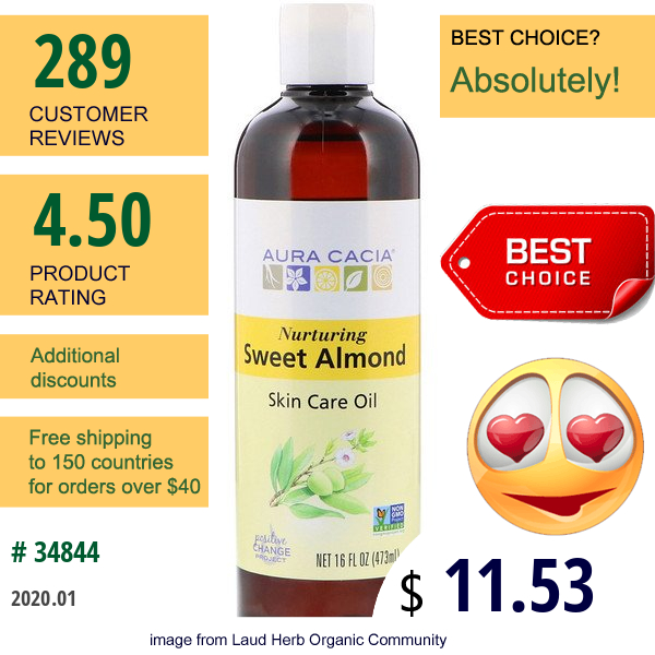 Aura Cacia, Skin Care Oil, Nurturing Sweet Almond, 16 Fl Oz (473 Ml)