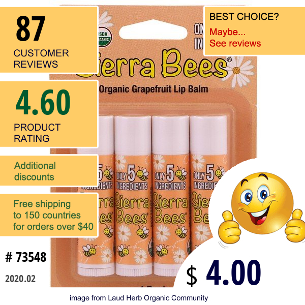 Sierra Bees, Organic Lip Balms, Grapefruit, 4 Pack, .15 Oz (4.25 G) Each