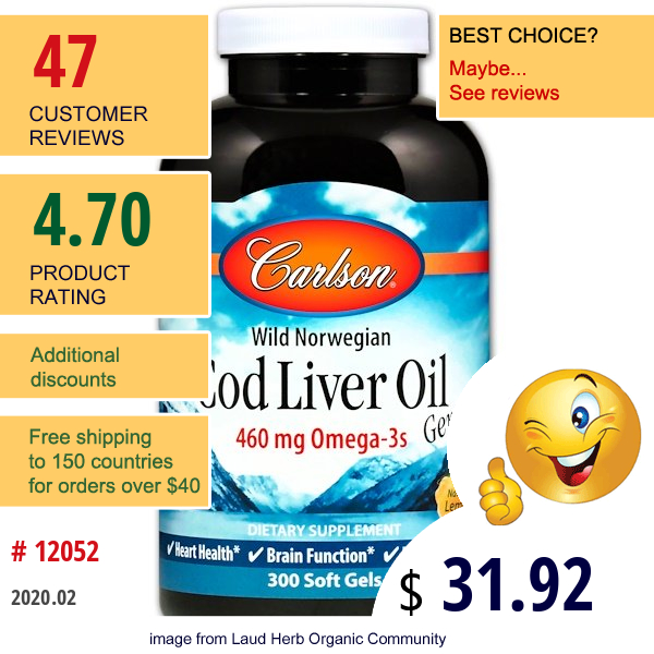 Carlson Labs, Wild Norwegian Cod Liver Oil Gems, Natural Lemon Flavor, 300 Soft Gels