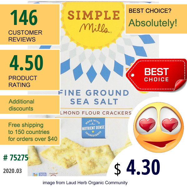 Simple Mills, Naturally Gluten-Free, Almond Flour Crackers, Fine Ground Sea Salt, 4.25 Oz (120 G)