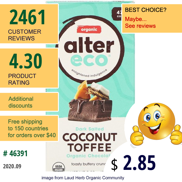 Alter Eco, Organic Chocolate Bar, Dark Salted Coconut Toffee, 47% Cocoa, 2.82 Oz (80 G)