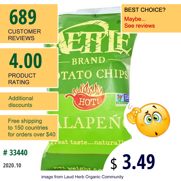 Kettle Foods, Potato Chips, Hot! Jalapeno, 5 Oz (142 G)