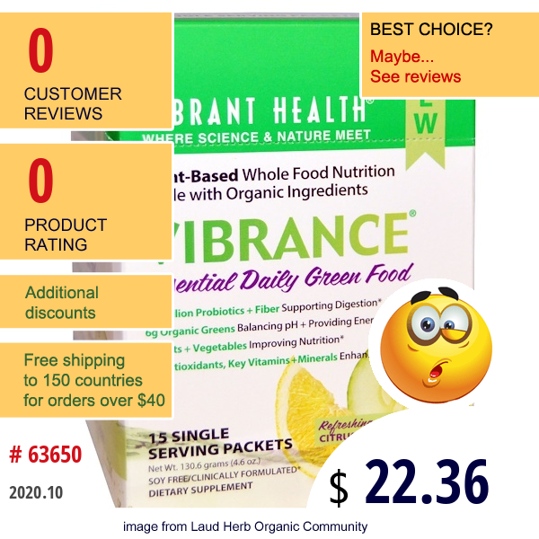 Vibrant Health, Vibrance, Essential Daily Green Food, Refreshing Citrus Cucumber, 15 Single Serving Packets, 8.707 G Each  