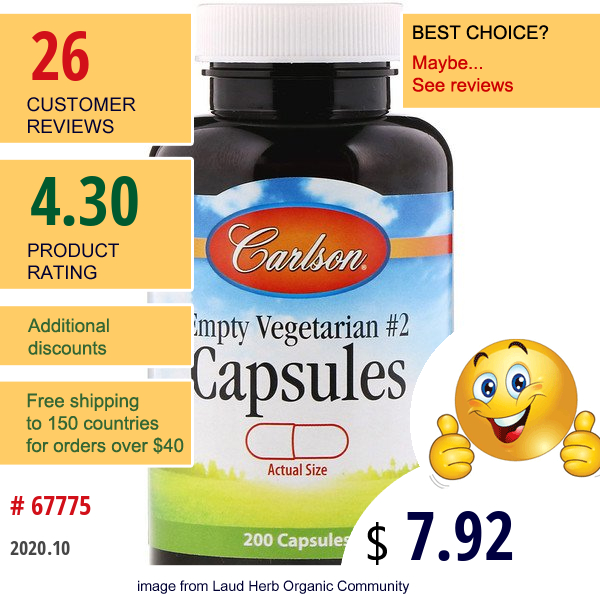 Carlson Labs, Empty Vegetarian #2 Capsules, 200 Capsules