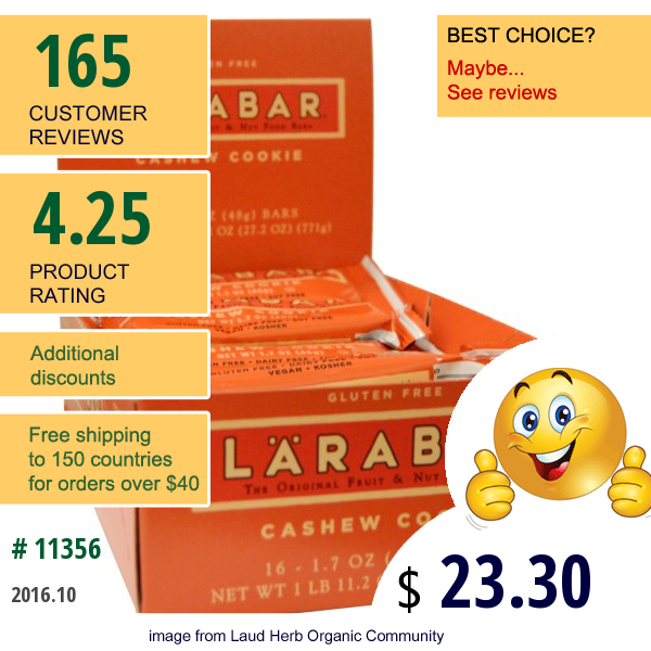 Larabar, Cashew Cookie, 16 Bars, 1.7 Oz (48 G) Each
