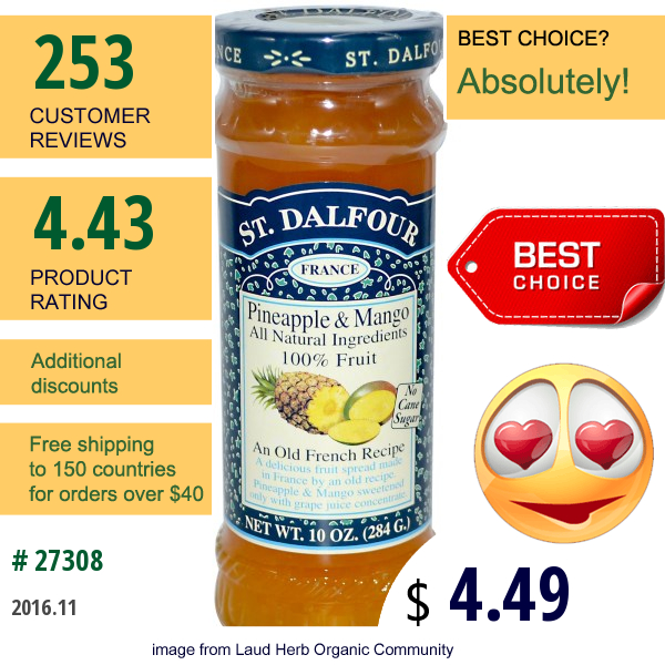 St. Dalfour, Pineapple & Mango, Fruit Spread, 10 Oz (284 G)