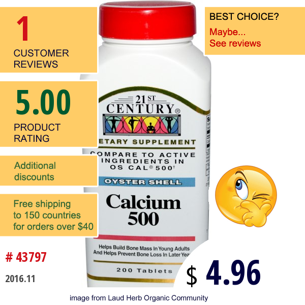 21St Century, Oyster Shell Calcium 500, 200 Tablets  