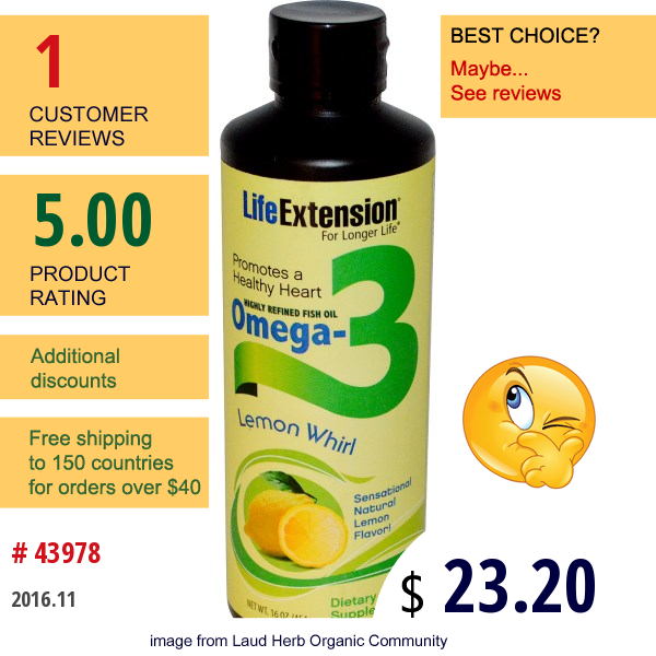 Life Extension, Omega-3, Highly Refined Fish Oil, Lemon Whirl, 16 Oz (454 G)  