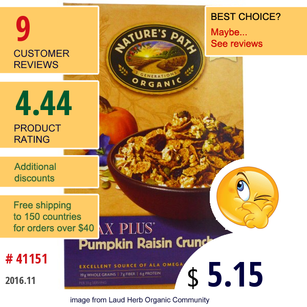 Natures Path, Organic Flax Plus Cereal, Pumpkin Raisin Crunch, 12.35 Oz (350 G)