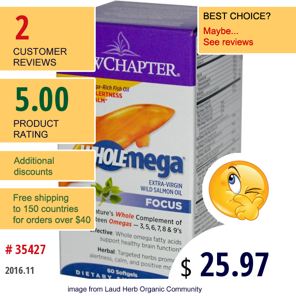 New Chapter, Wholemega, Focus, Extra-Virgin Wild Salmon Oil, 60 Softgels  