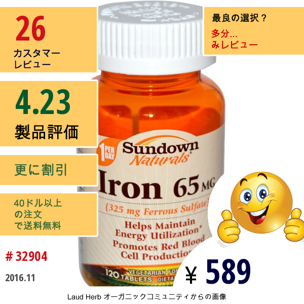 Rexall Sundown Naturals, 鉄分、 65 Mg、タブレット 120 錠