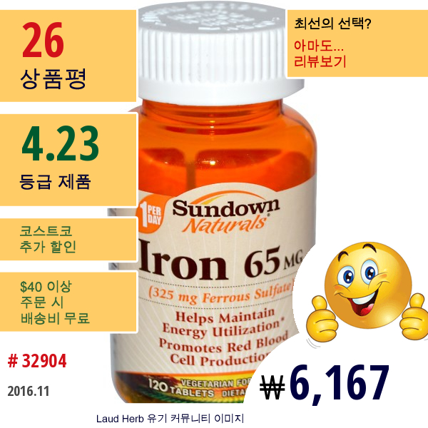 Rexall Sundown Naturals, 아이론, 65 밀리리터, 120 태블릿