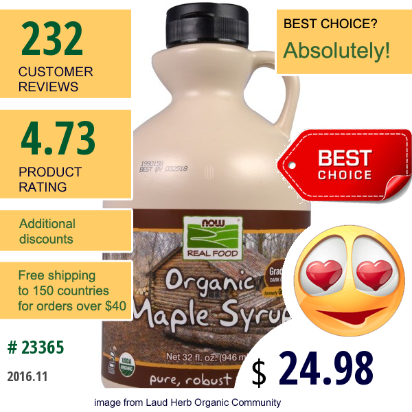 Now Foods, Real Food, Organic Maple Syrup, Grade A Dark Color, 32 Fl Oz (946 Ml)