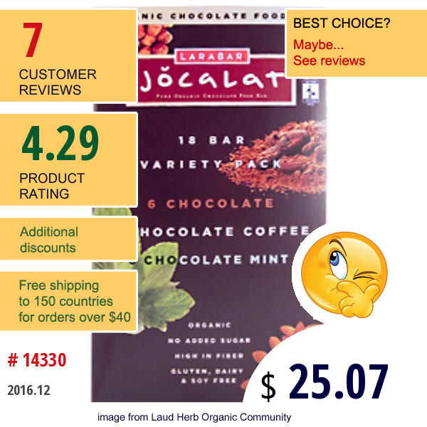 Larabar, Jocalat, 18 Bar Variety Pack, 1.7 Oz (48 G) Per Bar  