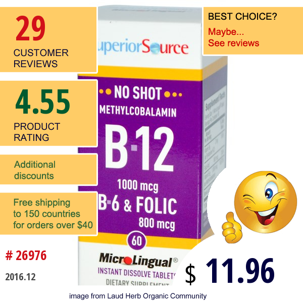 Superior Source, Methylcobalamin B-12 1000 Mcg, B-6 & Folic Acid 800 Mcg, Microlingual, 60 Tablets