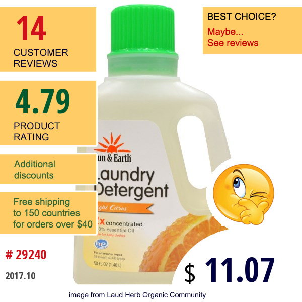 Sun & Earth, Laundry Detergent, Light Citrus Scent, 2X Concentrated, 50 Fl Oz (1.48 L)  