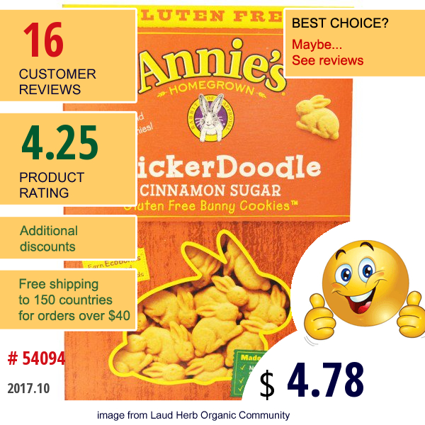 Annies Homegrown, Gluten Free Bunny Cookies, Snickerdoodle, Cinnamon Sugar, 6.75 Oz (191 G)