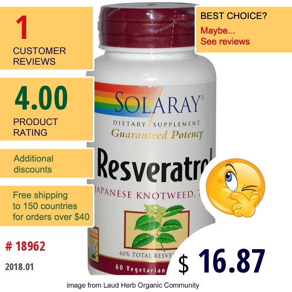 Solaray, Resveratrol, Japanese Knotweed, 75 Mg, 60 Veggie Caps  