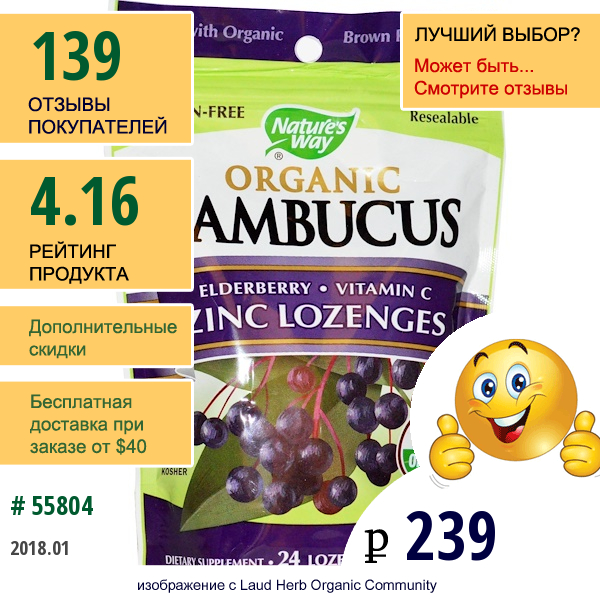 Natures Way, Органические Леденцы Из Бузины С Цинком, С Ягодным Вкусом, 24 Леденца