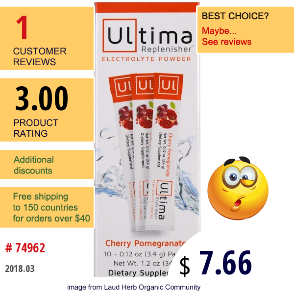 Ultima Health Products, Ultima Replenisher Electrolyte Powder, Cherry Pomegranate, 10 Packets, 0.12 Oz (3.4 G) Each