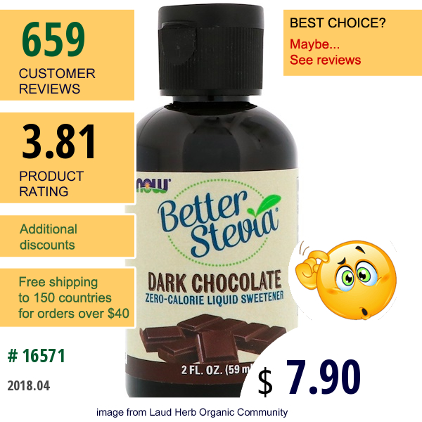 Now Foods, Betterstevia Liquid, Zero-Calorie Liquid Sweetener, Dark Chocolate, 2 Fl Oz (59 Ml)