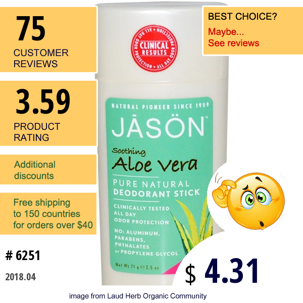 Jason Natural, Pure Natural Deodorant Stick, Soothing Aloe Vera, 2.5 Oz (71 G)