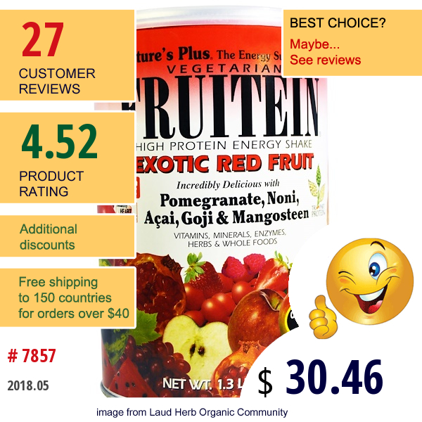 Natures Plus, Fruitein, High Protein Energy Shake, Exotic Red Fruit, 1.3 Lbs. (576 G)
