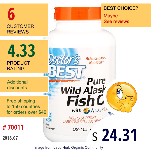 Doctors Best, Pure Wild Alaskan Fish Oil With Alaskomega, 180 Marine Softgels