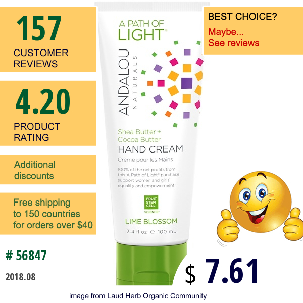 Andalou Naturals, A Path Of Light, Shea Butter + Cocoa Butter Hand Cream, Lime Blossom, 3.4 Fl Oz (100 Ml)