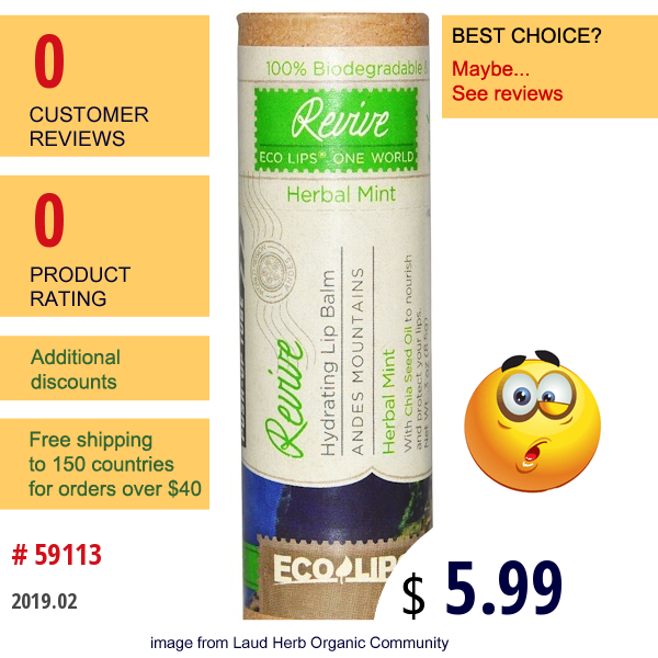 Eco Lips , Hydrating Lip Balm, Revive, Herbal Mint, .3 Oz (8.5 G) Eco Lips , Hydrating Lip Balm, Revive, Herbal Mint, .3 Oz (8.5 G)