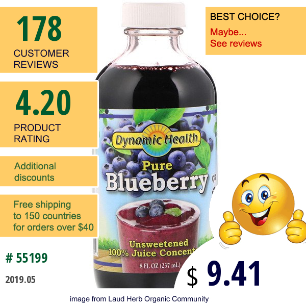 Dynamic Health  Laboratories, Pure Blueberry, 100% Juice Concentrate, Unsweetened, 8 Fl Oz (237 Ml)
