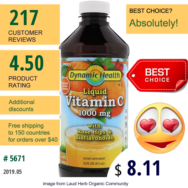 Dynamic Health  Laboratories, Liquid Vitamin C, Natural Citrus Flavors, 1000 Mg, 16 Fl Oz (473 Ml)