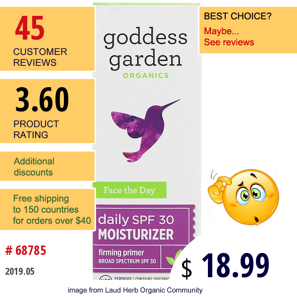 Goddess Garden, Organics, Face The Day, Daily Moisturizer, Firming Primer, Spf 30, 1 Fl Oz (30 Ml)