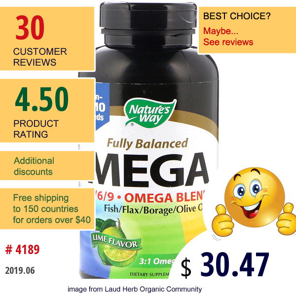 Natures Way, Fully Balanced Mega 3/6/9, Omega Blend, Lime Flavor, 180 Softgels