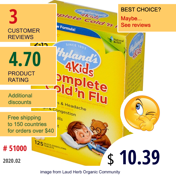 Hyland'S, 4 Kids Complete Cold 'N Flu, Ages 2-12, 125 Quick-Dissolving Tablets  