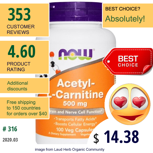 Now Foods, Acetyl-L-Carnitine, 500 Mg, 100 Veg Capsules