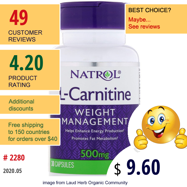Natrol, L-Carnitine, 500 Mg, 30 Capsules  