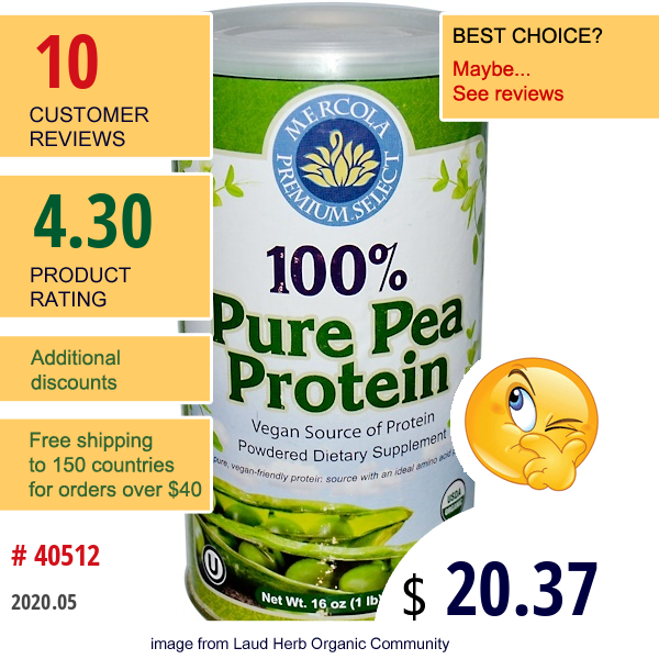 Dr. Mercola, Premium Select, 100% Pure Pea Protein, 16 Oz (454 G) Powder  