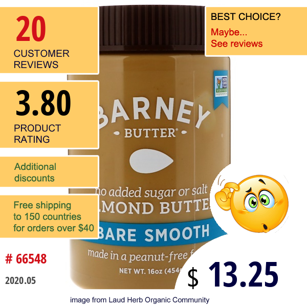 Barney Butter, Bare Almond Butter, Smooth, 16 Oz (454 G)  