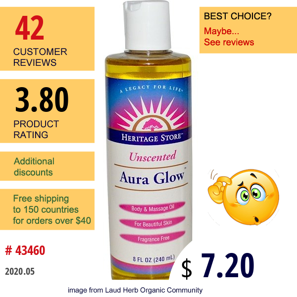 Heritage Store, Aura Glow, Body & Massage Oil, Unscented, 8 Fl Oz (240 Ml)